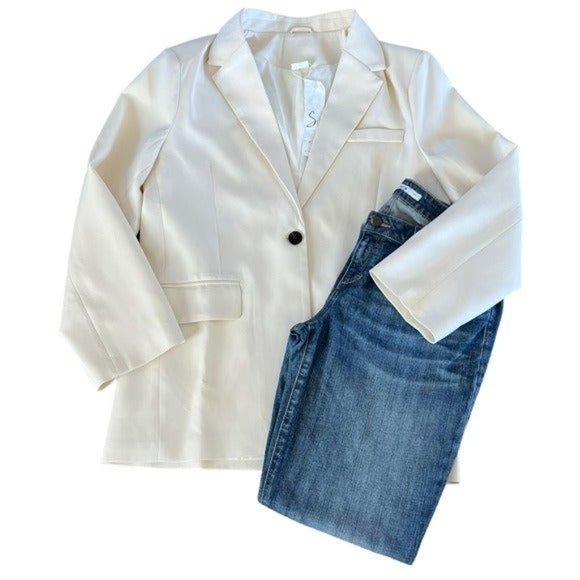 SILK & SALT One Button Long Blazer Ecru Size L NEW - Picture 3 of 10